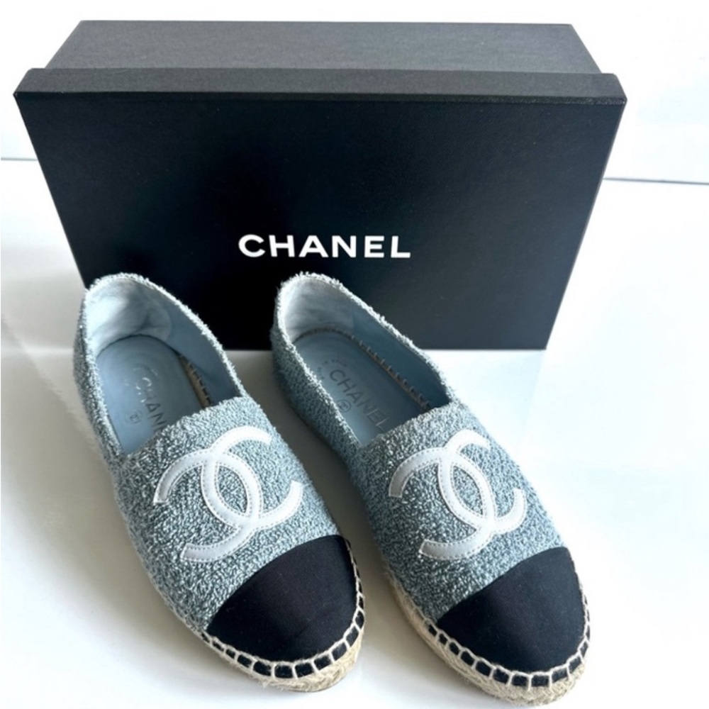 CHANEL Fabric Grosgrain Espadrilles Blue Light Grey Black Size 38